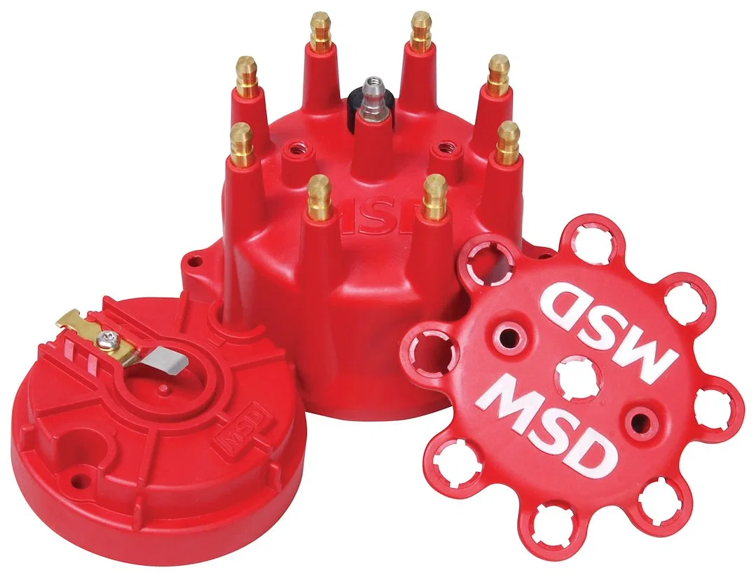 84315 – MSD CO. Distributor Cap and Rotor Kit, Small Diameter With Wire Retainer Clip Down HEI Style Posts Red